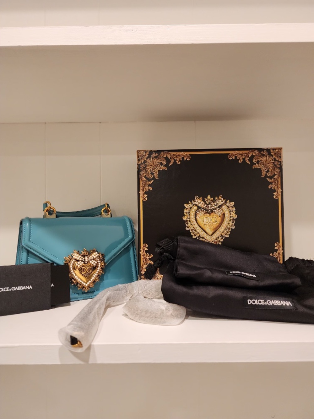 D&G Small Turquoise Teal Blue Patent Leather Devotion Top Handle Bag